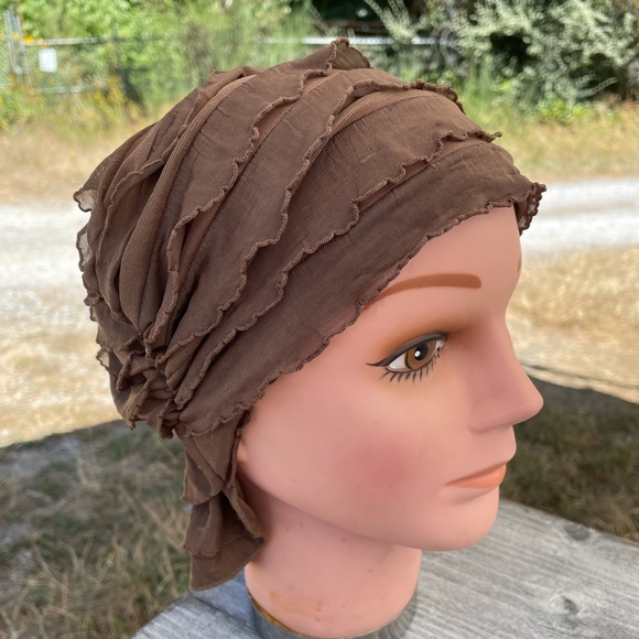 Light Brown Ruffled Chemo Beanies cancer and alopecia cap beanie New - Picture 2 of 3